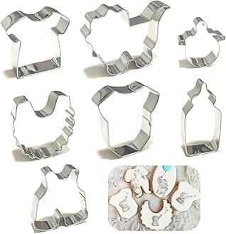 Baby Shower Cookie Cutters Set 7Pcs, Stainless Steel Fondant Cutter Sturdy Metal Biscuit Cutter, Cute Shapes Baby Carriage Onesies Bottle Bib Clothes Cookie Mold for Baby Shower Baking & Gift