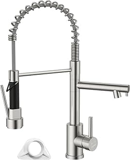 DAYONE 360° Swivel Pull Down Kitchen Sink Tap with Two Spouts, SUS304 Stainless Steel Commercial Kitchen Faucet, Brushed