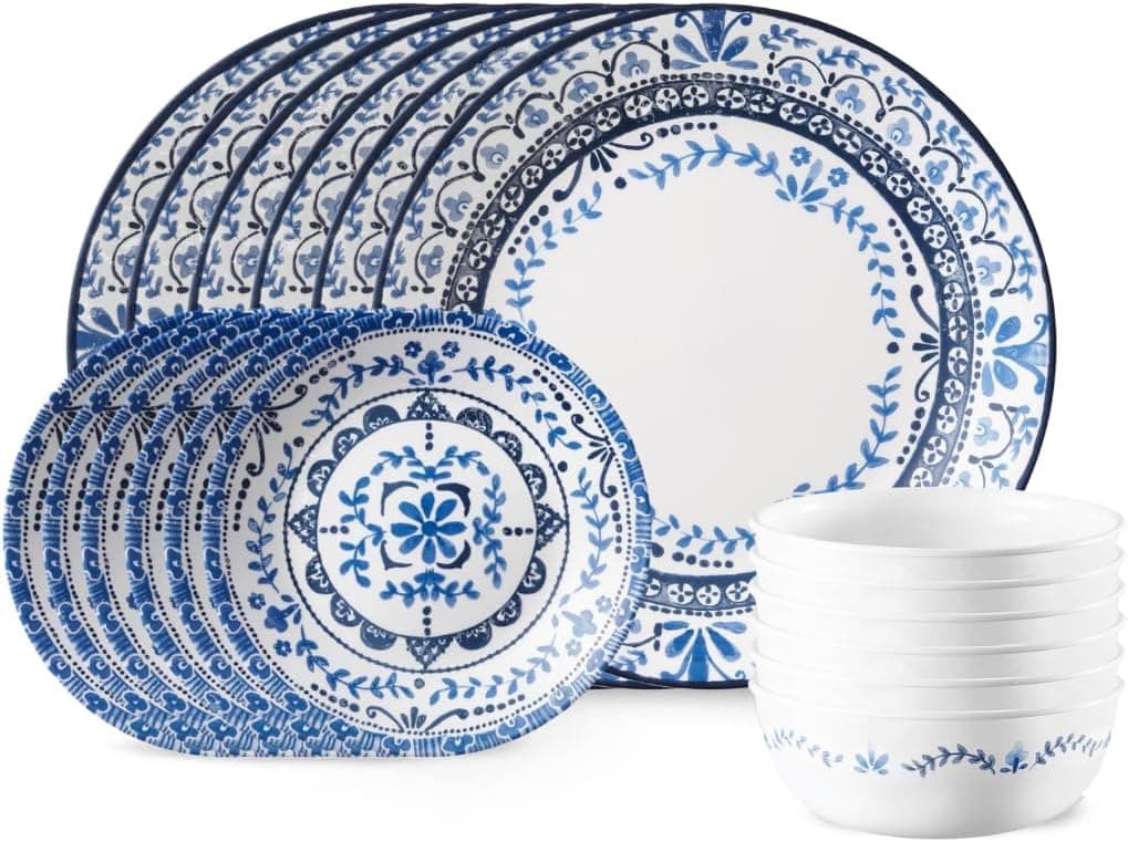 Corelle Vitrelle 18-Piece Service for 6 Dinnerware Set, Triple Layer Glass and Chip Resistant, Lightweight Round Plates and Bowls Set, Portofino