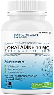 Puregen Labs Allergy Relief, Loratadine 10mg, 300 Tablets – 24 Hour Non-Drowsy Antihistamine Allergy Medicine for Runny Nose, Sneezing, Itchy, Watery Eyes