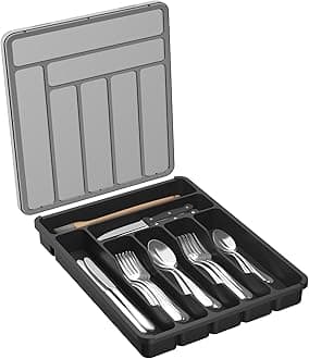 Lifewit Cutlery Tray with Lid, Cutlery Storage Box for Kitchen Drawer and Countertop, Utensil Flatware Silverware Holder Divider for Spoons Forks Knives Tableware, 7 Compartment, Black