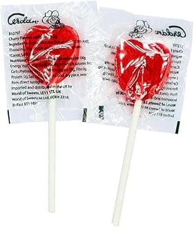Heart Shaped Lollipops Lollies, Cherry Flavoured Lollipops, Individually Wrapped, Ideal for Valentines Day, Wedding, Party Bag Fillers (Pack of 20)