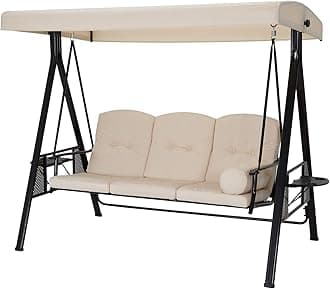 U-MAX 3-Seat Outdoor Patio Swing Chair, Swing Glider with Canopy Porch Swing, Weather Resistant Steel Frame Cup Holders Cushions, Adjustable Tilt Canopy, Beige