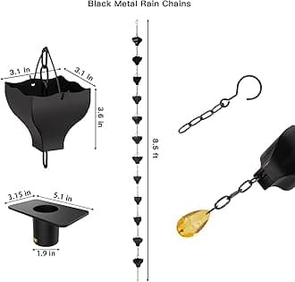 8.5ft Black Rain Chain for Gutters Downspouts Outside, Rain Chains Black Cups, Functional and Decorative Replacement for Gutter Downspouts