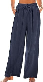 Casual Loose Fit Cotton Linen Pants for Women Wide Leg Lounge Trousers with Pockets Baggy Boho Palazzo Pant