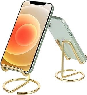 ROPOSY 2 Pack Cell Phone Stand for Desk, Cute Metal Gold Cell Phone Stand Holder Desk Accessories, Compatible with All Mobile Phones, iPhone, iPad