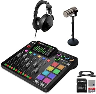 Rode RODECaster Pro II Integrated Audio Production Console with Rode PodMic, NTH-100 Studio Headphones, DS1 Microphone Stand, 32GB microSD Card, XLR Cable and StreamEye Cloth