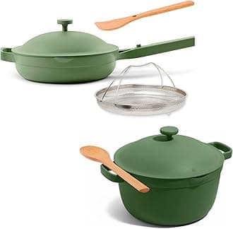 Our Place Cookware Duo | 7-Piece Ceramic Cookware Set with 10.5" Always Pan 2.0, 5.5 Qt Perfect Pot & Strainer Basket | Induction & Oven Safe up to 450°F | Nonstick, Non-Toxic Cookware | Sage