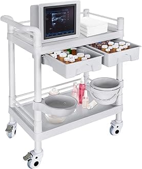Medical Mobile Trolley Cart 2-Shelf 220 LBS Max Load Rolling Utility Cart Heavy Duty Beauty Salon Storage Cart with Drawers Dirt Buckets Rotate Wheels 2 Brake for Hospital Dental Clinic Home