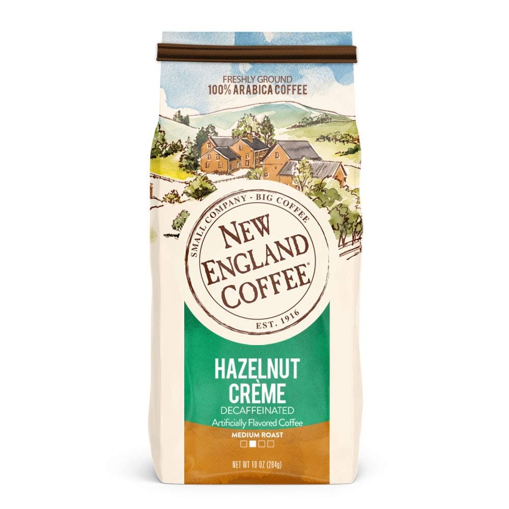 New England Coffee Hazelnut Creme, Decaffeinated Medium Roast Ground Coffee, 10 Ounce Bag