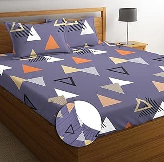 BSB HOME Premium 100% Microfiber Elastic Fitted Bedsheets with 2 Pillow Covers | Double Bed with All Around Elastic 180 TC Supersoft | for 78x72+10 Mattress (Trangle, Grey & White)