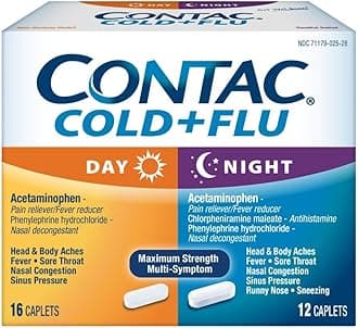 Contac Non-Drowsy Day & Multi-Symptom Night Cold & Flu Medicine, Maximum Strength Relief for Fever, Sore Throat, Nasal Congestion, Head & Body Aches, Runny Nose, 28 Count, 16 Day, 12 Night Caplets
