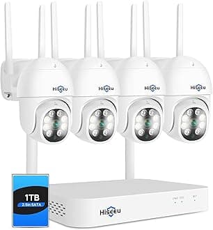 Hiseeu 【PTZ Camera Wireless System】 3MP Security Camera System Two Way Audio, Auto Tracking, Full Color Night Vision, IP66 Waterproof, Expandable 10CH NVR, 24/7 Record with 1TB Hard Drive