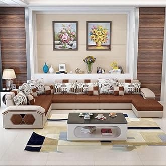 Ripple FURNNITURE U Shape 9 Seater Modern Interchangeable Fabric Sofa Set with 4 Puffy (Right, Beige & Brown)