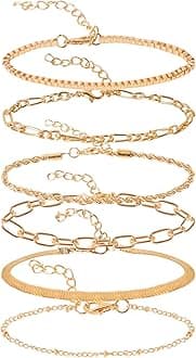 Gold Bracelets for Women, 6PCS 14K Real Gold Plated Dainty Bracelets Stack, Adjustable Layered Stackable Ankle Bracelets Jewelry Set Gifts for Women