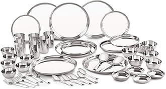 Neelam Stainless Steel 24 Gauge Classic Dinner Set, Solid 50 Pcs Set Serving 6 People, Silver, Durable, Dishwasher Safe, Ideal Gifting Dinner Set for Anniversary, Wedding, Housewarming Party.