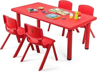 HONEY JOY Kids Table and 4 Chair Set, 48 x 24 Inch Children Rectangular Study Table with Stackable Seats, 4 Pcs Plastic Activity Toddler Furniture Set for Playroom Daycare, Gift for Boys Girls (Red)