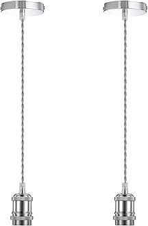 Licperron 2 Pack Vintage Pendant Light Fitting E27 Base Pendant Lamp Holder with Chrome Braided Flex