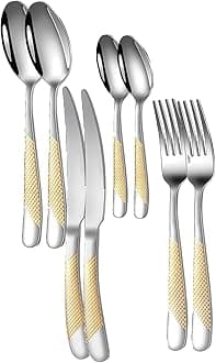 Mirror Finish Gold Plated Stainless Steel Flatware Set Copper Silverware Set Rose Gold Spoon Color Cutlery Set [Dinner Fork-Tea Spoon-Salad Spoon-Knife] Set of (Golden DOT, 8)