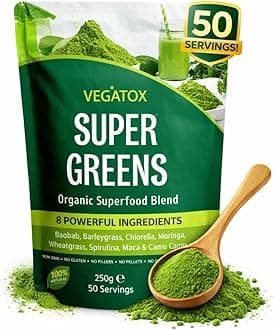 Super Greens Powder – 50 Servings | Premium Green Superfood Powder with Spirulina, Chlorella, Wheatgrass | Daily Greens for Energy, Gut Health & Immunity Support | No Artificial Ingredients