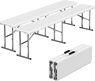 6ft Folding Bench 2 Pack, Plastic Folding Bench for Picnic Camping Dining Party Garden, 6 feet Foldable Benches for Soccer Multipurpose Entertaining Activities, Smooth HDPE Tabletop, White