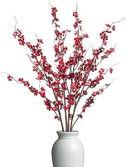 4 PCS Artificial Plum Blossom Party Decorations Fake Cherry Flowers Faux Long Stems Wintersweets Silk Flowers Arrangement for Wedding Home Office Bedroom Decor(Red)