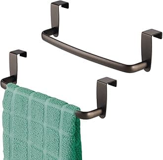 Steel Metal Wire Over Cabinet Towel Rack Storage Organizer - Hang on Cabinet or Door - Towel Bar Holder for Kitchen - Holds Hand Towels, Washcloths - Spira Collection, 2 Pack, Bronze