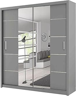 OSLO Mirrored Sliding Wardrobe with Shelves & Hanging Rails – Grey, 180cm