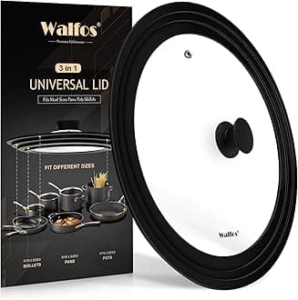 Universal Lid for Pots, Pans and Skillets - Walfos Tempered Glass Pan Lid with Heat Resistant Silicone Rim, BPA Free Large Pot Lids Fits 10.5", 11.5" and 12" Diameter Cookware, Dishwasher-Safe, Black