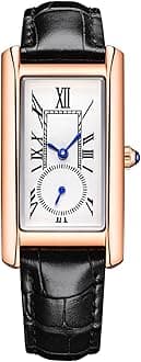 Women Quartz Watch Lady Stylish Rectangle Dress Watch with Leather Strap and Blue Crystal Crown