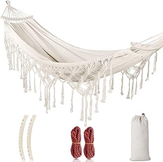 Backyard Hammock with Tassels Max 500lbs Canvas Fabric Bohemian Style with Thickened Rope and Carry Bag for Outdoor, Garden, Patio, Wedding Decor (White)