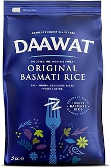 Daawat Original Basmati Rice with Rice Aroma, Delicious Taste, White Lustre,Perfectly Aged, Aromatic & Textural Grain, Rich Flavour with Sweet Taste, Ideal for all types of Dishes - 5Kg