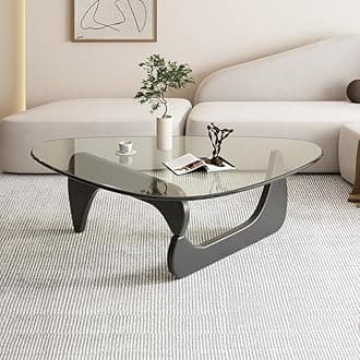 Triangle Coffee Table Modern Noguchi End Table, Solid Wood Base and 8mm Thick Tempered Glass Top Accent for Living Room Office Hotel Patio (Black Legs + Transparent Glass, 50 * 36 * 16)