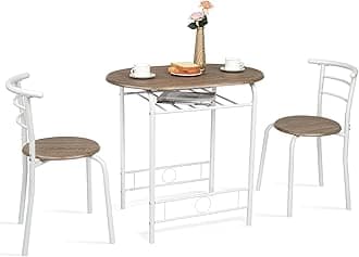 VINGLI 3 Piece Dining Set,Small Kitchen Table Set for 2,Breakfast Table Set,Kitchen Wooden Table and 2 Chairs for Small Space/Dining Room/Apartment,Metal Frame,Wine Rack,White&Warm Oak