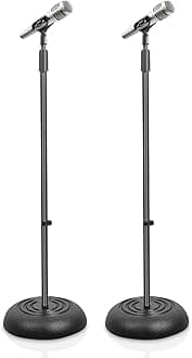 Pyle Universal Compact Base Microphone Stand - 2.8 to 5 Ft Height Adjustable Heavy Duty Lightweight Studio Floor Standing Mic Holder w/Standard 5/8" Mic Adapter - Pyle PMKS5X2 (Pair)