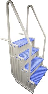 Confer Plastics Step-1X Above Ground Pool Entry System – Dual Handrails, Slip-Resistant Steps, Supports 400 lbs, Easy Installation, Warm Grey with Blue Treads, Made in USA