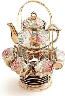 CHANJOON tea sets Gold Plated Red Rose Ceramic Tea Set, Vintage Teapot Tea Sets Beautiful Tea Set Coffee Serving 6 People (Golden, Medium)