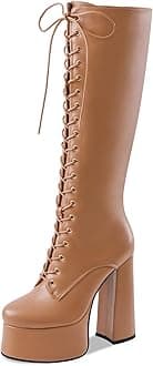Women's High Chunky Heel Platform Knee High Boots Fashion Leather Lace Up Heeled Long Boots Wide Calf