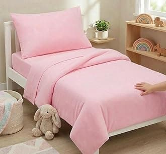 EVERYDAY KIDS 4 Piece Toddler Bedding Set - Includes Comforter, Flat Sheet, Fitted Sheet and Reversible Pillowcase - Solid Pink