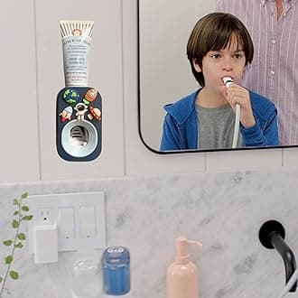 Automatic Toothpaste Dispenser Wall Mounted for Bathroom,Toothpaste Squeezer for Kids & Family Shower by Mr. Thumbs (2pc,Astronaut & Bear)