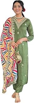 NaixaWomen's Viscose Embroidered Straight Kurta with Pant and Dupatta Sets (NX-461)