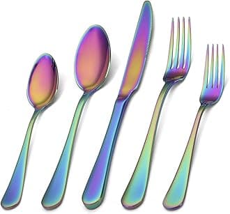 Rainbow Silverware Set,SHARECOOK 20-Piece Stainless Steel Flatware Set with Round Edge,Kitchen Utensil Set Service for 4,Dishwasher Safe (Multicolor)