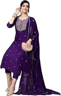Women's Cotton Blend Embroidered Straight Kurta with Pant & Dupatta