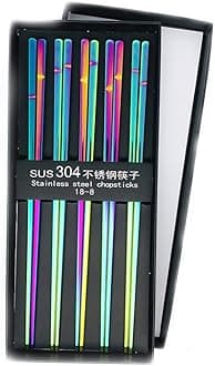 Koolemon 4pairs Rainbow 304 Stainless Steel Chopsticks Polished Multicolor Reusable Chopsticks,Metal Square Chopsticks, Traditional Chinese Chopstix,9.5inch