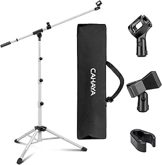 Microphone Stand Tripod Boom Arm Floor Mic Stand with Carrying Bag and 2 Mic Clips for Singing Performance Wedding Stage and Mic Mount White