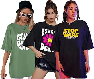 London Hills Women's Cotton Oversized Fit Printed Round Neck Oversized T-Shirt | Loose Fit Drop Shoulder T-Shirt Pack of 3