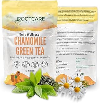 Rootcare Organics - Premium Chamomile Green Tea (100grams) Improves Sleep Quality & Promotes Relaxation | Caffeine Free | Stress Relief | Natural Chamomile Flowers | Non Bitter