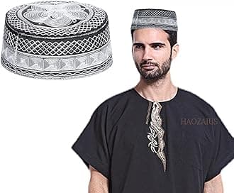 Mens Muslim Hat Islamic Prayer Cap, Muslim Eid Prayer Embroidered Kufi Fat Ramadan Mosque Arab Indian Prayer Cap