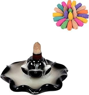 Ceramic Decorative Incense Stick Stand with Backflow Incense Smoke Fountain - 30 Cones Included for Pooja Meditation, Backflow Incense Burner Holder for Decor