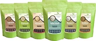 Herbal Spirit Aswagandha, Safed Musli, Kauch Ka Beej, Satavri Powder Powder with Gokhru & Lajwanti Seed or Lajwanti Powder | Ashwagandha Safed Musli Kaunch Beej Shatavari | 100gm each (Pack of 6)